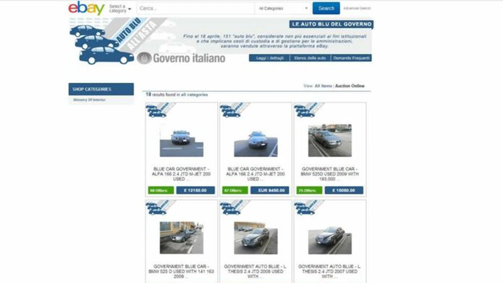 Guvernul italian îşi vinde maşinile prin E.bay