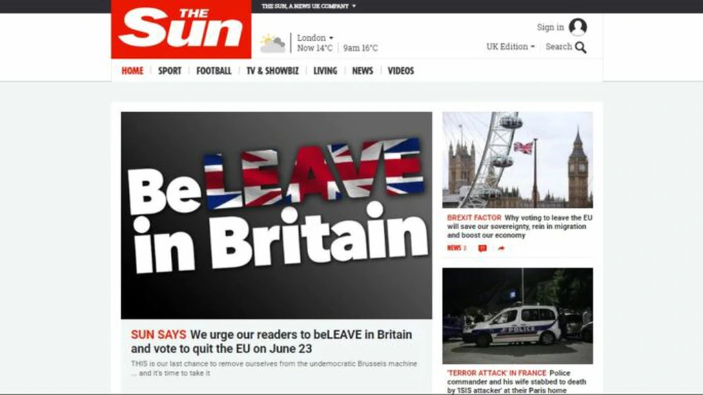 Ziarul britanic The Sun îşi cheamă cititorii să voteze pentru ieşirea din UE