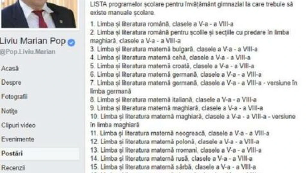Ministrul Educaţiei, Liviu Pop, prezintă pe Facebook lista disciplinelor care necesită manuale. Printre ele, Dirigenţie şi Yachting