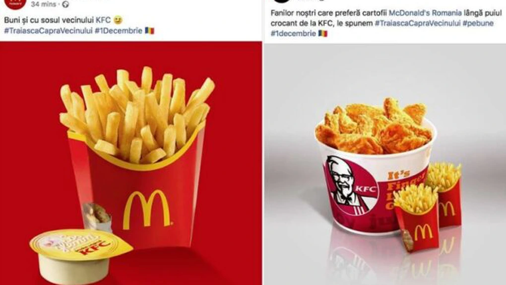 KFC şi McDonald’s, campanie inedită în online, de Ziua Unirii: au făcut schimb de sos şi cartofi prăjiţi