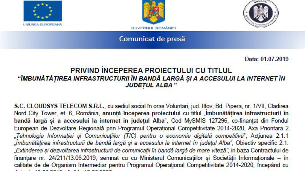 Începe proiectul pentru îmbunătăţirea infrastructurii în bandă largă şi a accesului la internet în judeţul Alba