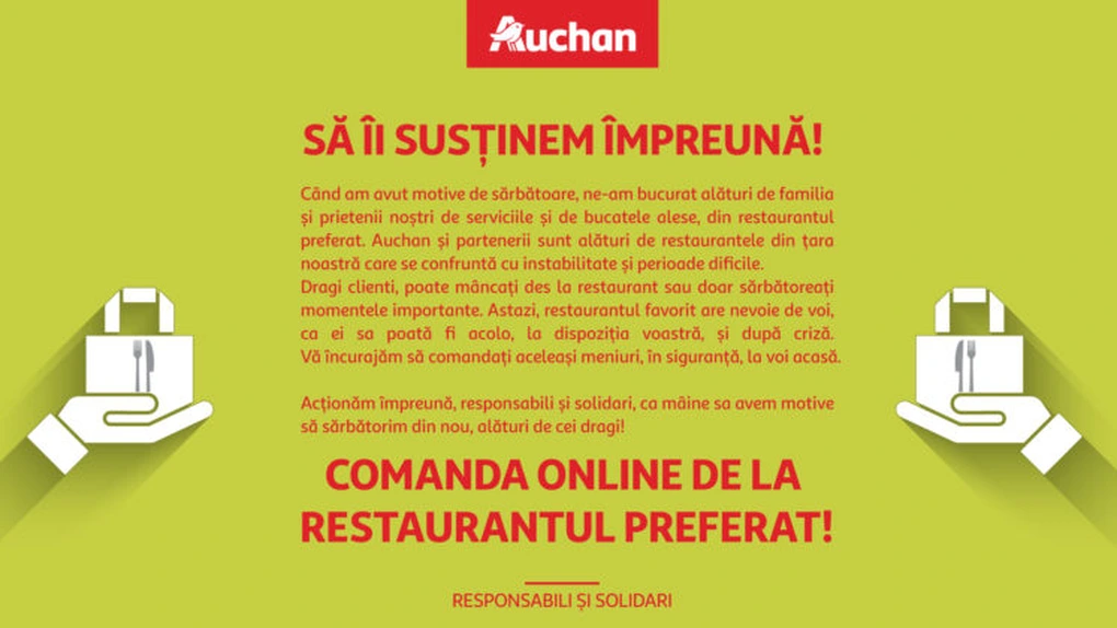 Grupul Auchan a inițiat o campanie de solidaritate care vine în ajutorul restaurantelor închise în această perioadă