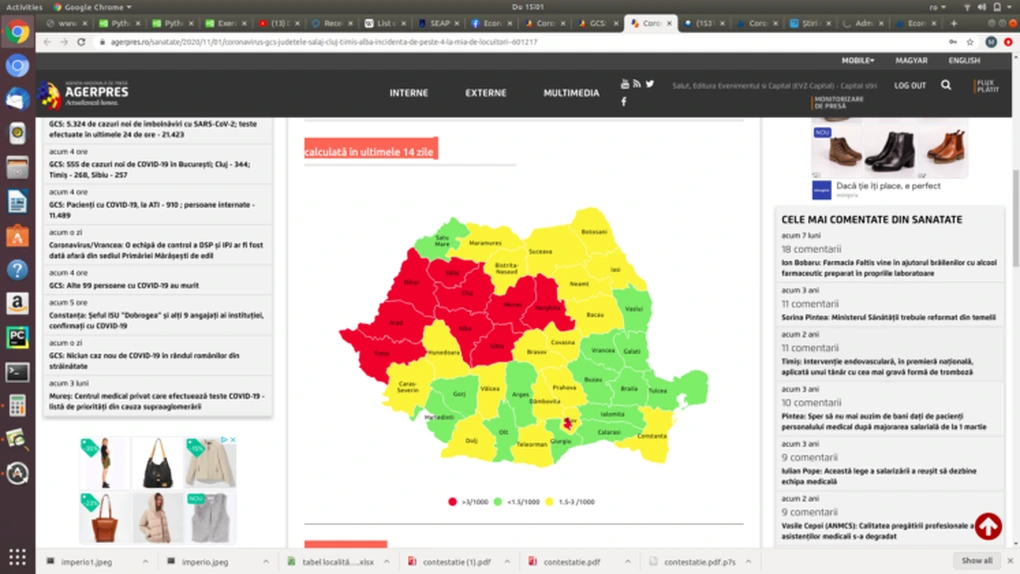 Coronavirus: Judeţele Sălaj, Cluj, Timiş, Alba - incidenţă de peste 4 la mia de locuitori