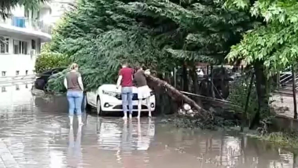 Furtună în București: străzi inundate, copaci căzuți pe mașini