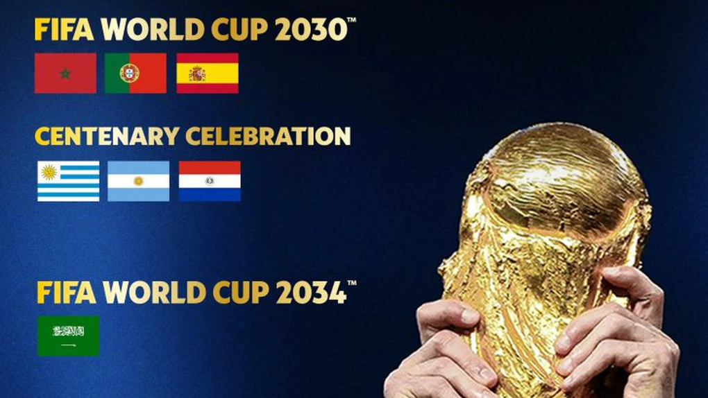FIFA a atribuit Spaniei, Portugaliei și Marocului organizarea Campionatului Mondial de Fotbal din 2030 și Arabiei Saudite organizarea aceluia din 2034