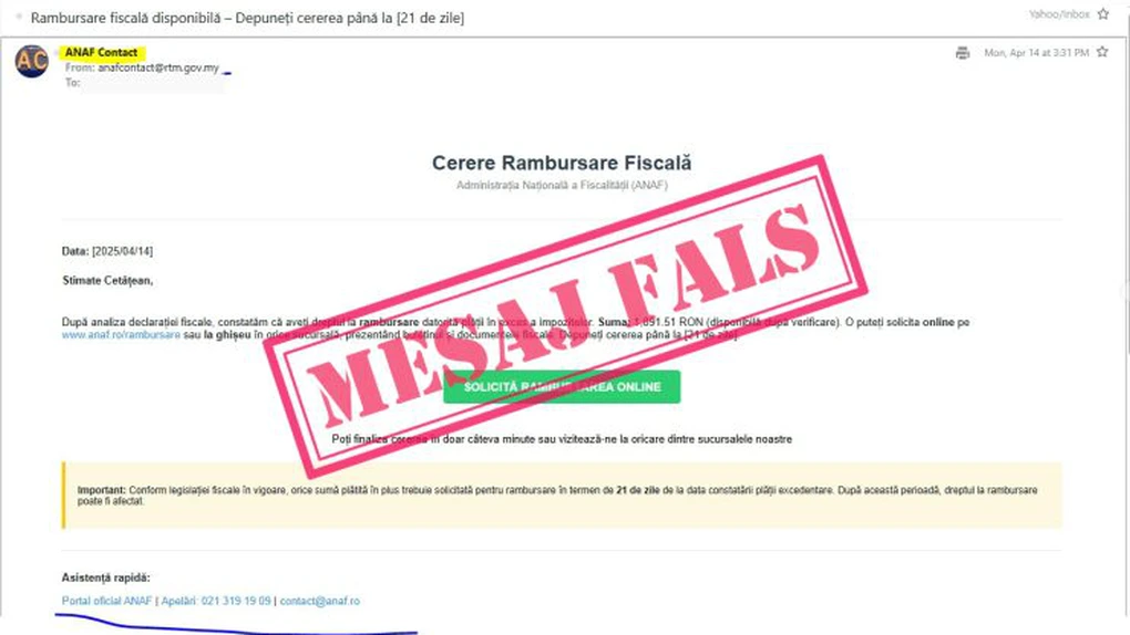 ANAF atenționează contribuabilii cu privire la o nouă campanie de emailuri false transmise în numele instituției