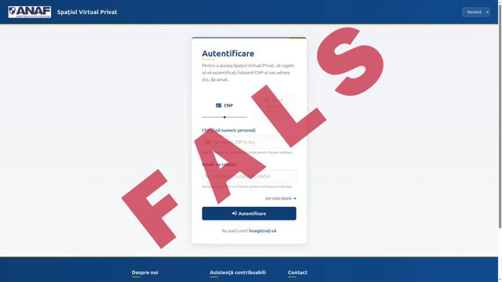Atenționare privind un site fals care imită identitatea ANAF