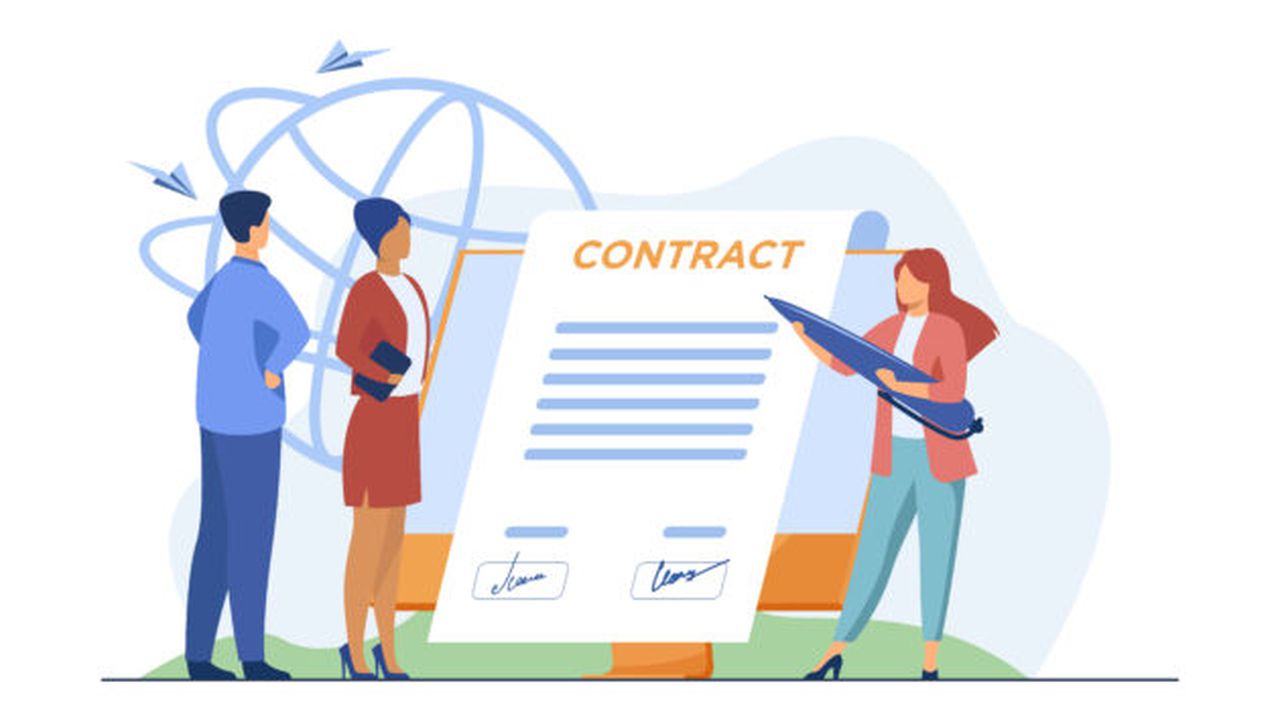 Business partners signing contract online