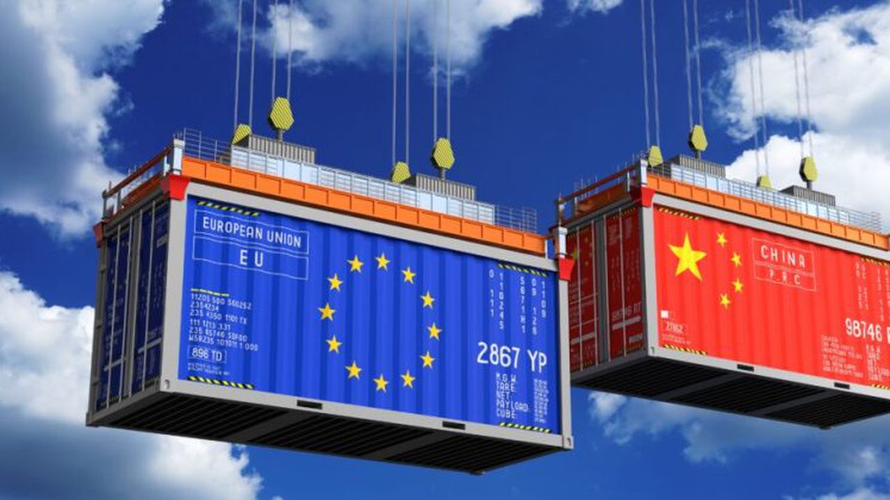 Shipping containers with flags of European Union and China - 3D illustration