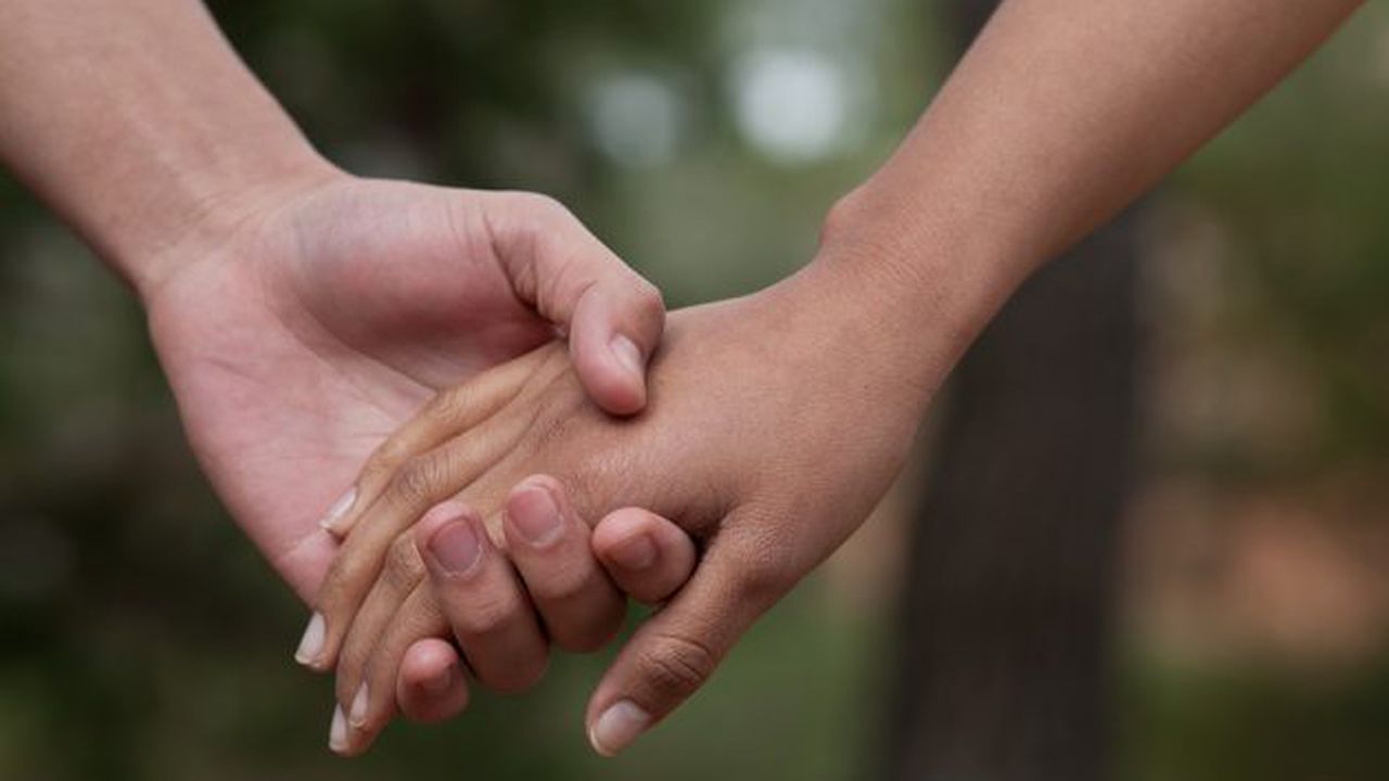 Lovers couple holding hands in a forest (summer/spring)