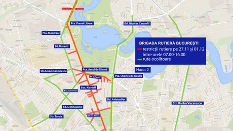 HARTĂ- Restricţii de trafic în Capitală pentru parada militară de Ziua Naţională până joi după-amiază