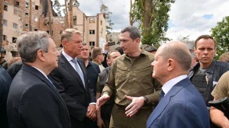 Preşedintele Klaus Iohannis, Emmanuel Macron, Olaf Scholz şi Mario Draghi, la Kiev