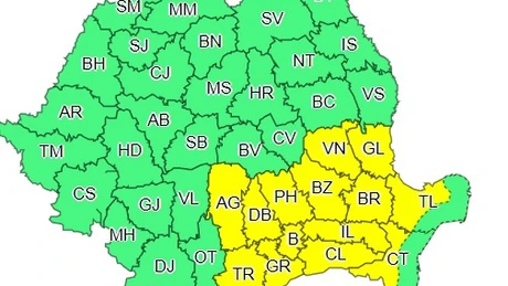 Cod galben de instabilitate atmosferică, ploi şi vânt în Bucureşti şi alte 13 judeţe, azi