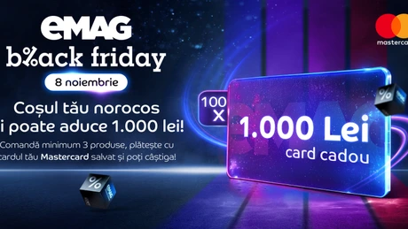 100 de carduri cadou de 1000 de lei de la Mastercard și eMag pentru cumpărături de Black Friday