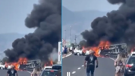VIDEO - Accident grav cu trei morţi în Grecia. Un camion a intrat în două maşini pe Autostrada Egnatia, pe sensul Komotini – Xanthi, la un punct de taxare