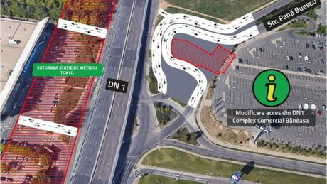 Schimbări la intrarea în zona comercială Băneasa, pentru realizarea viitoarei stații de metrou Tokyo