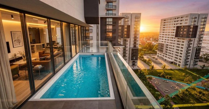 FOTO Piscina complet suspendată, în premieră în România: Elementul spectaculos dintr-un proiect cu apartamente din Timișoara