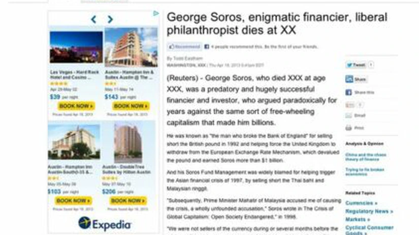 Reuters a publicat din greşeală necrologul miliardarului George Soros