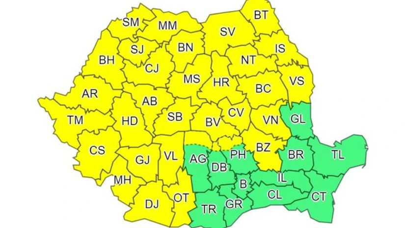 Cod galben de ploi torenţiale şi vijelii în 32 de judeţe, până la ora 23.00. Avertizare de inundaţii pentru râuri din 16 judeţe