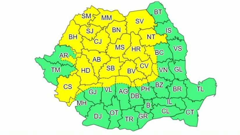 Cod galben de furtuni în 27 de judeţe. Cantitatea de precipitaţii poate depăşi 50 de litri pe metru pătrat