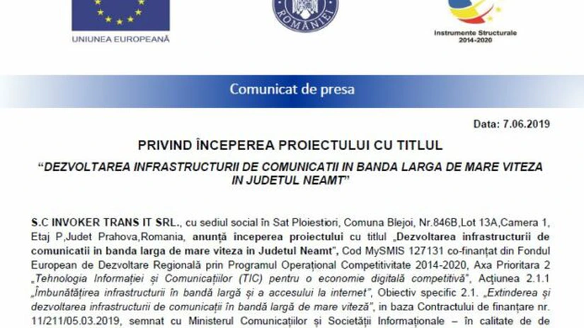 Începe proiectul pentru dezvoltarea infrastructurii de comunicaţii în bandă largă de mare viteză, în judeţul Neamţ