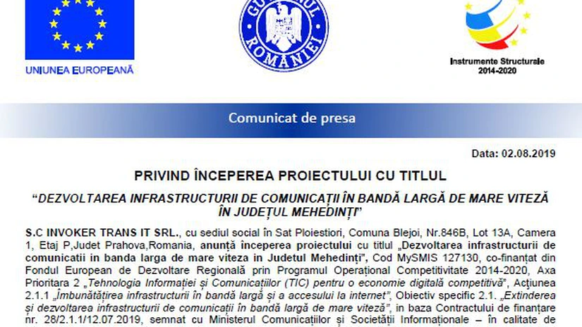 Începe proiectul pentru dezvoltarea infrastructurii de comunicaţii în bandă largă de mare viteză în Mehedinţi