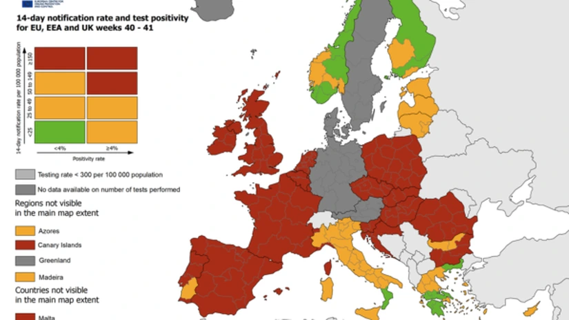 ECDC: Şaisprezece state din Uniunea Europeană, printre care și România, sunt în zona roșie de risc epidemic COVID-19