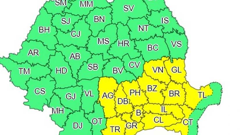 Cod galben de instabilitate atmosferică, ploi şi vânt în Bucureşti şi alte 13 judeţe, azi