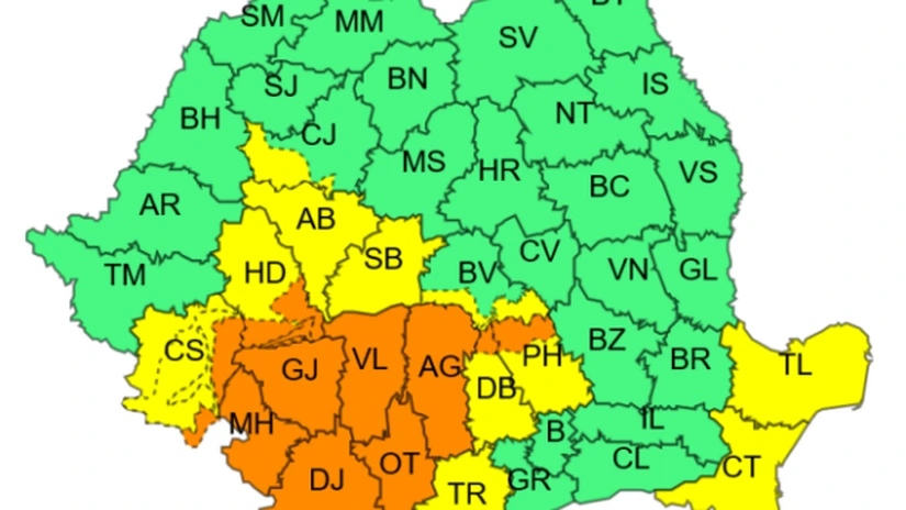 ANM a transmis o avertizare de Cod portocaliu de ploi pentru zece județe din sudul țării