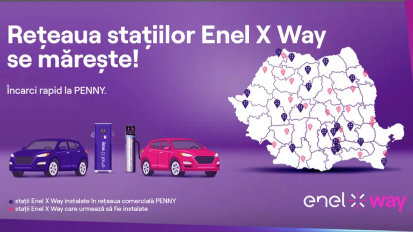 Compania Enel X Way instalează 64 de stații de încărcare pentru veiculele electrice în parcările magazinelor Penny din 36 de localități