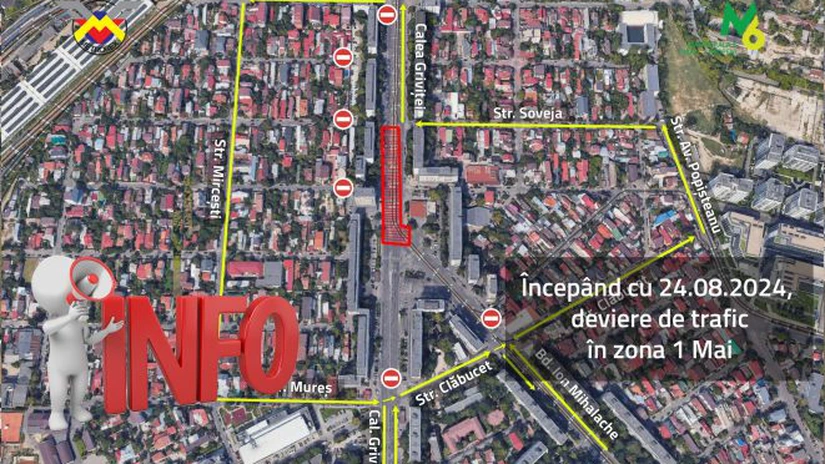 Metrorex anunță devierea traficului rutier în zona 1 Mai, pentru lucrări la M6