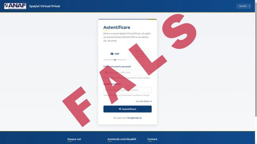 Atenționare privind un site fals care imită identitatea ANAF